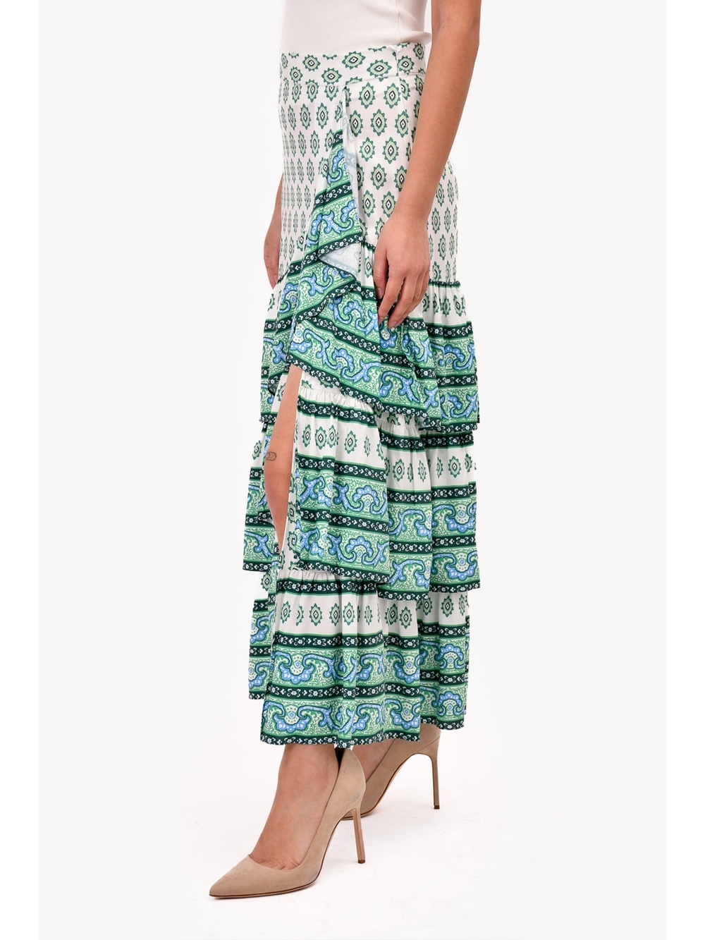 Sandro Green & White Printed Ruffle Wrap Skirt - Picture 5 of 16